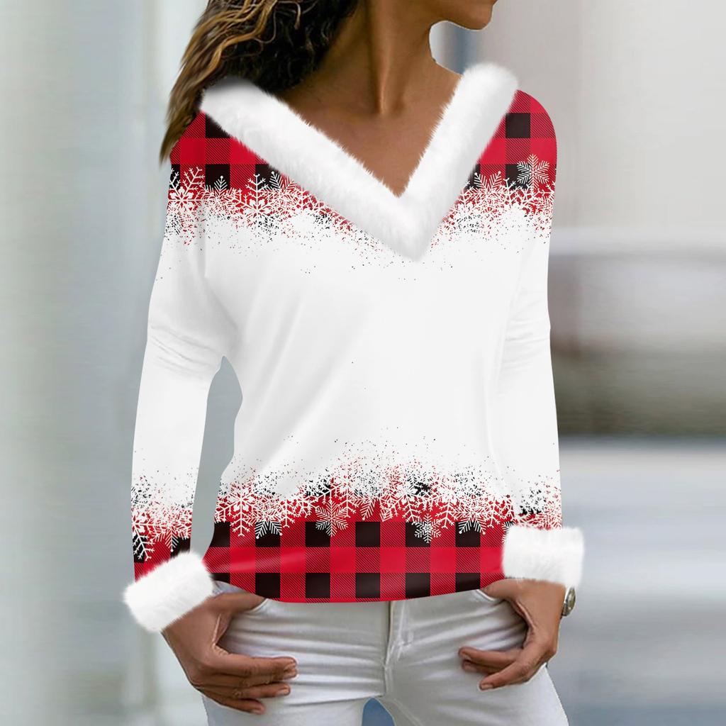 Женская мода повседневная плюшевая кофта с длинным рукавом и V-образным вырезом с рождественским принтом