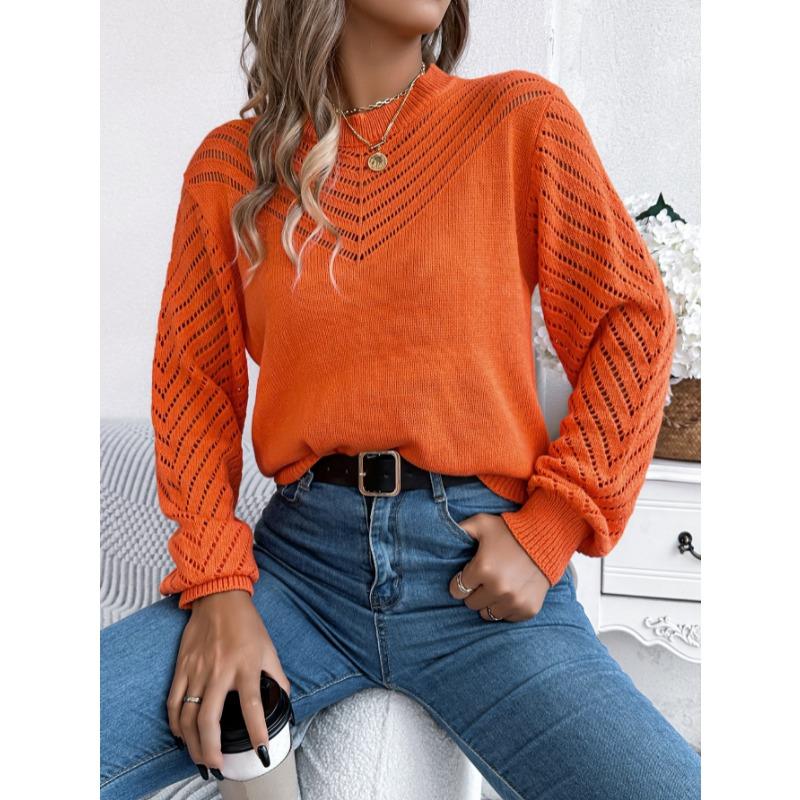 Elegant Round Neck Hollow Out Long Sleeve Pullover Sweater Women 2025 Fashion Sweet Autumn and Winter Casual Knitted Tops Solid Color Office Clothing