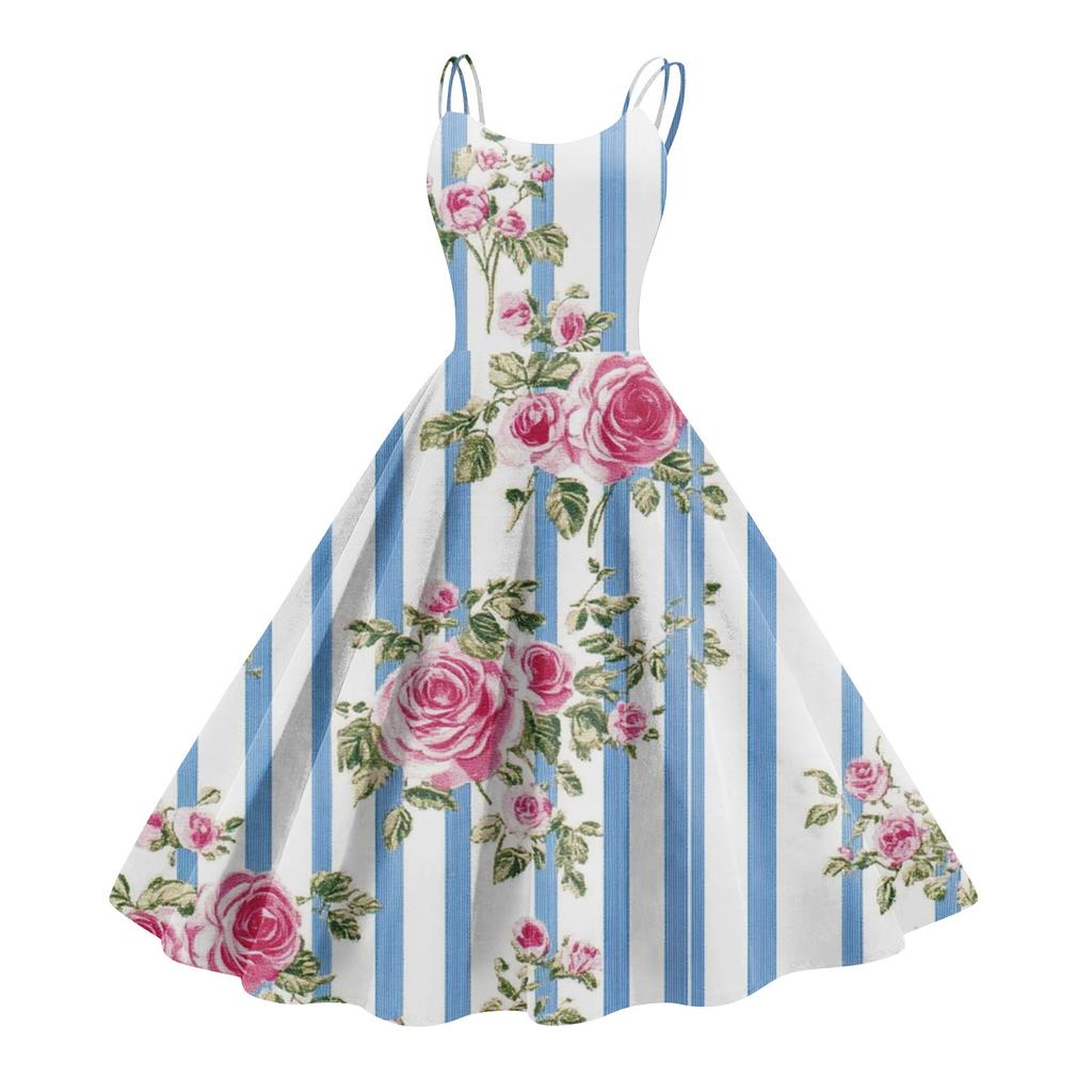 Women's Casual Fashion Flower Print Sexy Off Shoulder Punk Retro Dress Retro Dress Dress