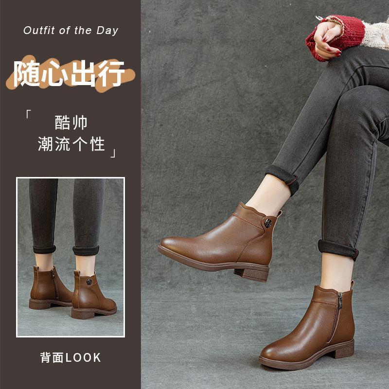 Retro Velvet Leather Martin Boots Women's Versatile Casual Short Boots British Thick Heel Autumn and Winter New Velvet Boots