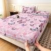 3 Pieces Pastel Pink Gradient Cherry Blossom Butterfly Fitted Sheet Set, Tiny Floral Colorful Winged Insect Print Bedding