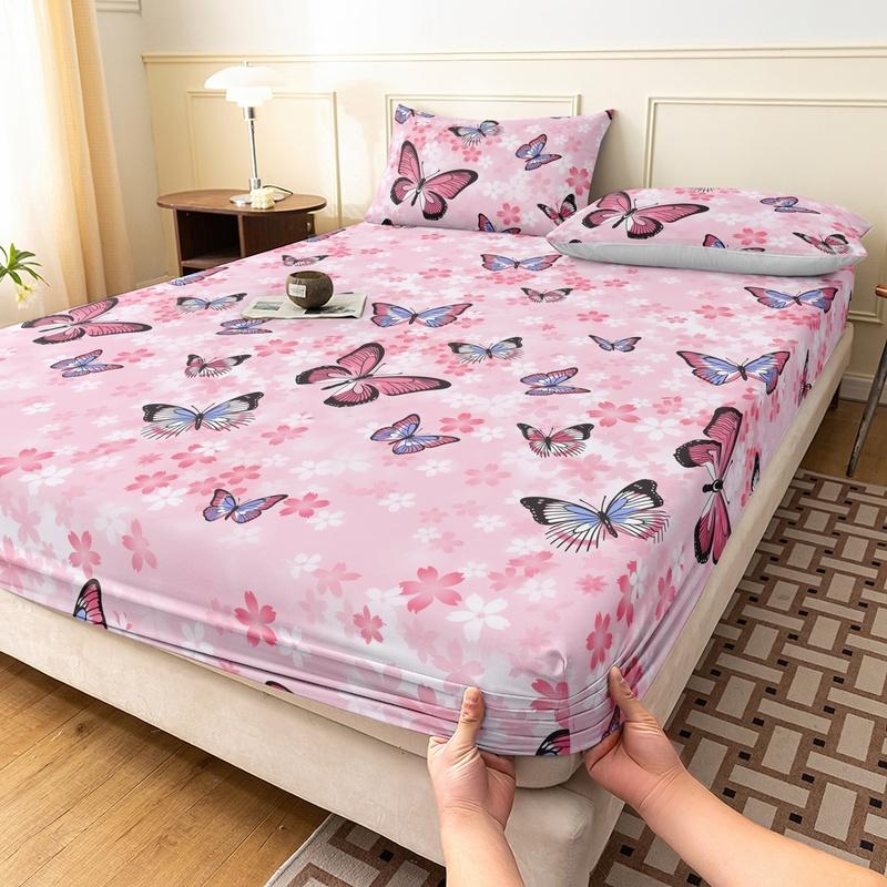 3 Pieces Pastel Pink Gradient Cherry Blossom Butterfly Fitted Sheet Set, Tiny Floral Colorful Winged Insect Print Bedding