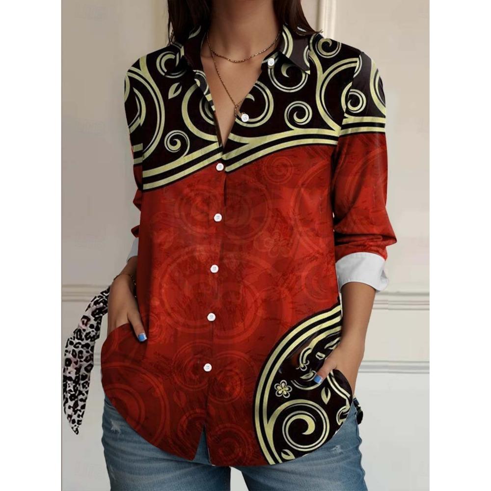 Модная женская повседневная блузка с 3D цветочным принтом, блузка с лацканами, женские рубашки с длинным рукавом, повседневная женская одежда, женская одежда