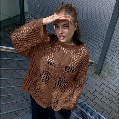 Женские свободные прозрачные топы с круглым вырезом и длинным рукавом в стиле ретро, сексуальные, пляжные трикотажные изделия