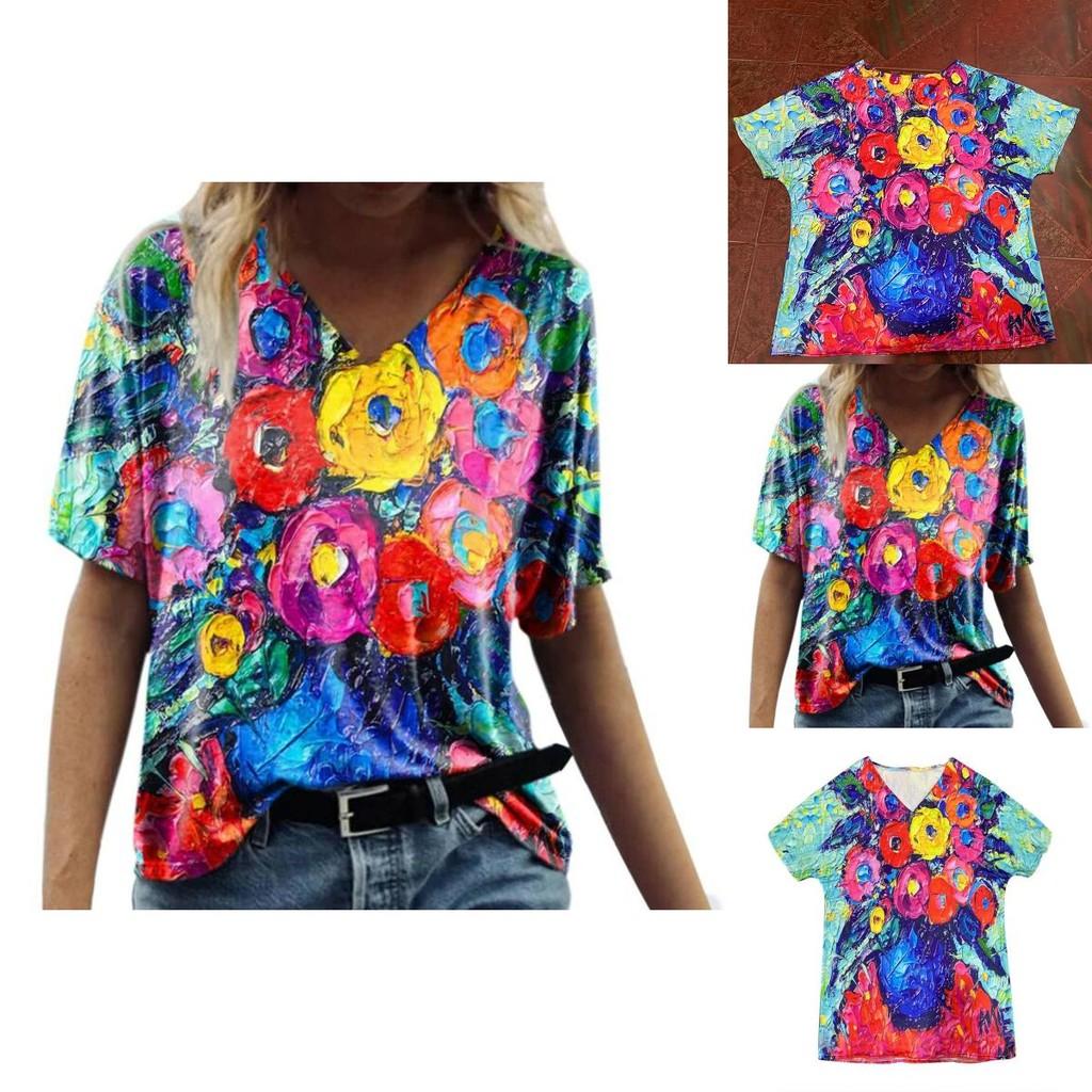 Summer Casual T Shirt With Floral Print And V Neck For Women