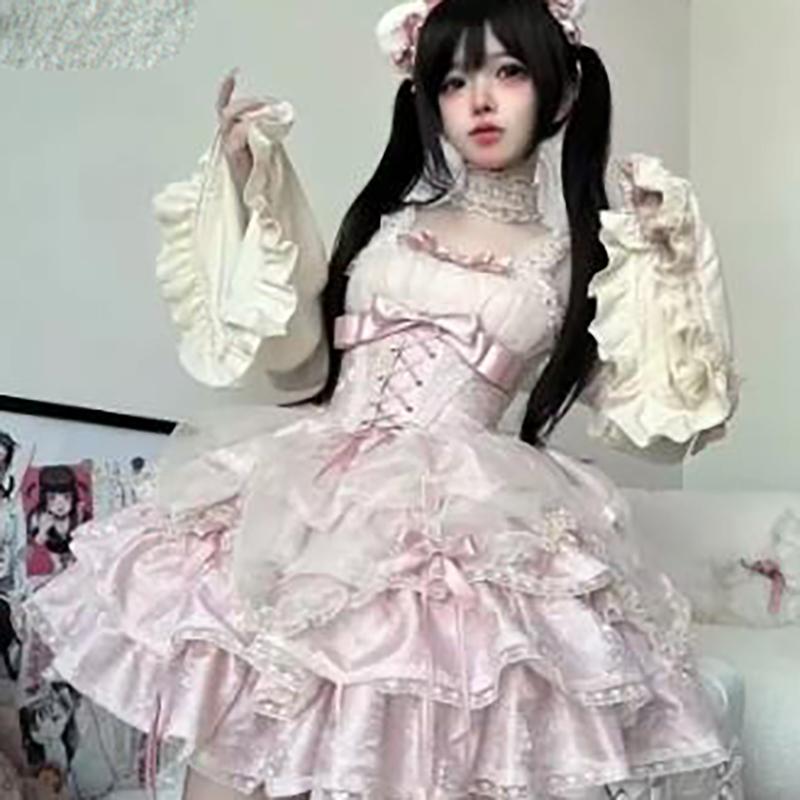 Милое японское платье в стиле Лолита, женское готическое кружевное вечернее мини-платье с бантом, Harajuku Kawaii, черное платье с шеей, кошачьи ушки, головной убор с рукавами