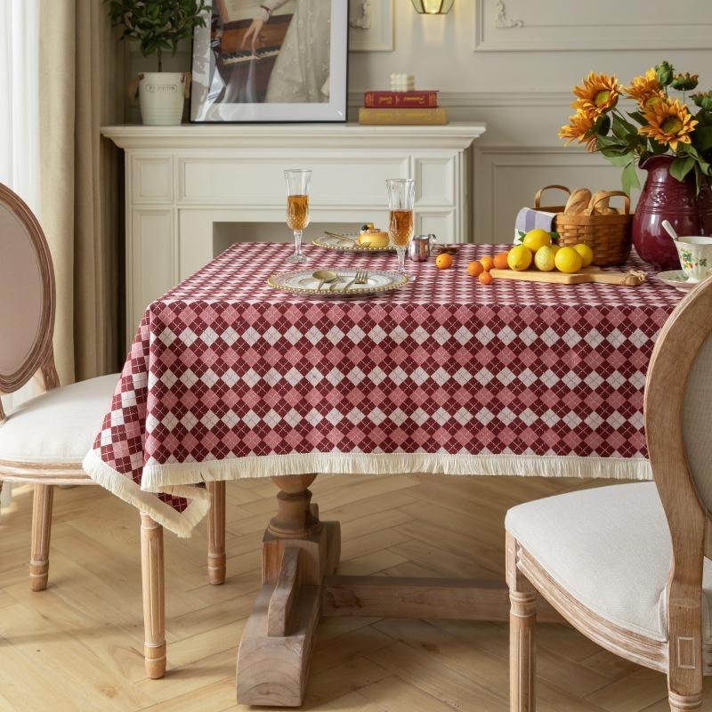 American Retro Plaid Tablecloth Linen Cotton Rectangular Coffee Table Cover Luxury Elegant