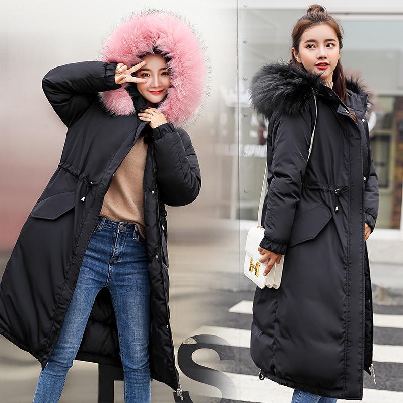 Women Winter Large Fur Collar Down Cotton Padded Jacket Coat Parkas Long Hooded Full Sleeve Zipper Pocket Loose Warm Thick Loose Solid Color