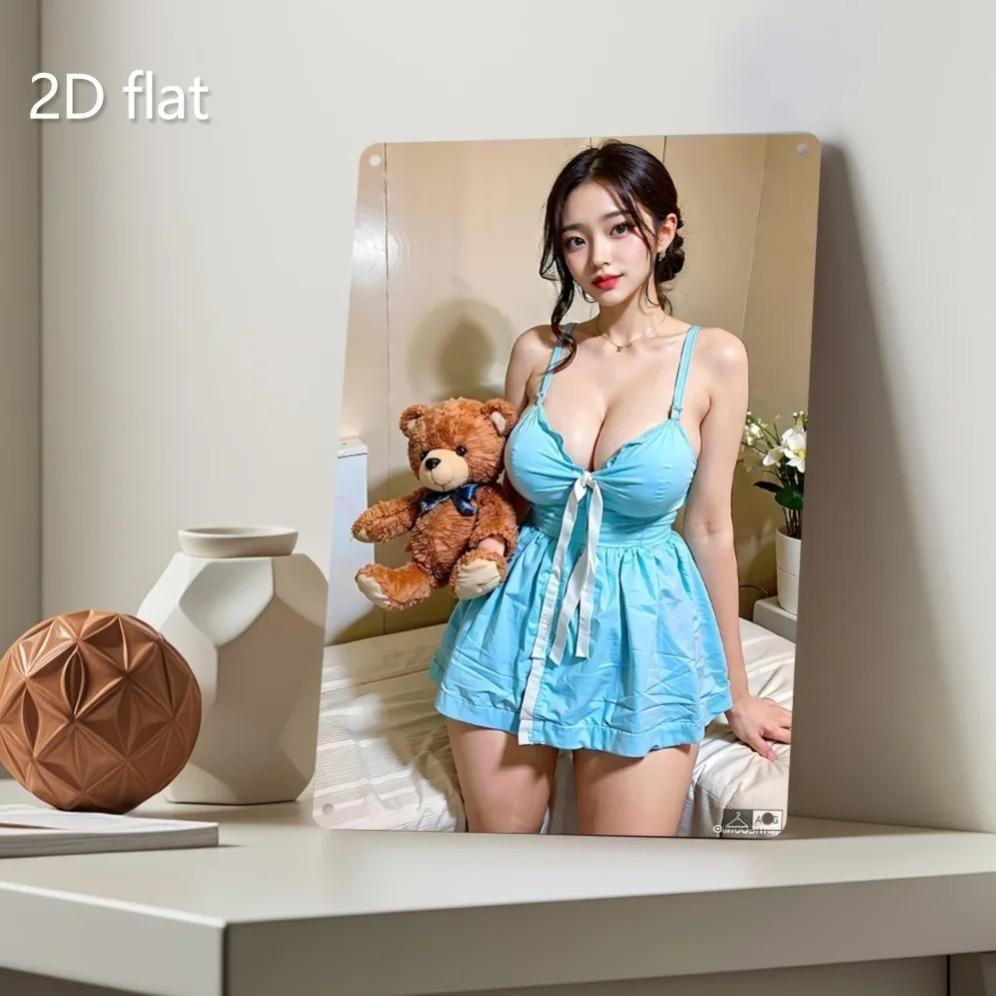 Плоское 2D Железное Настенное Искусство Синее Платье Плюшевый Мишка Металлическая Табличка Атмосферостойкий Декор для Помещений и Улицы