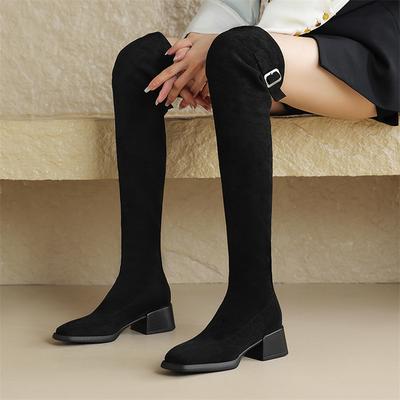 FOREADA Женские длинные ботфорты выше колена, квадратный носок, толстый средний каблук, ботинки гого с пряжкой, лаконичная женская модная обувь, зимние черные 43