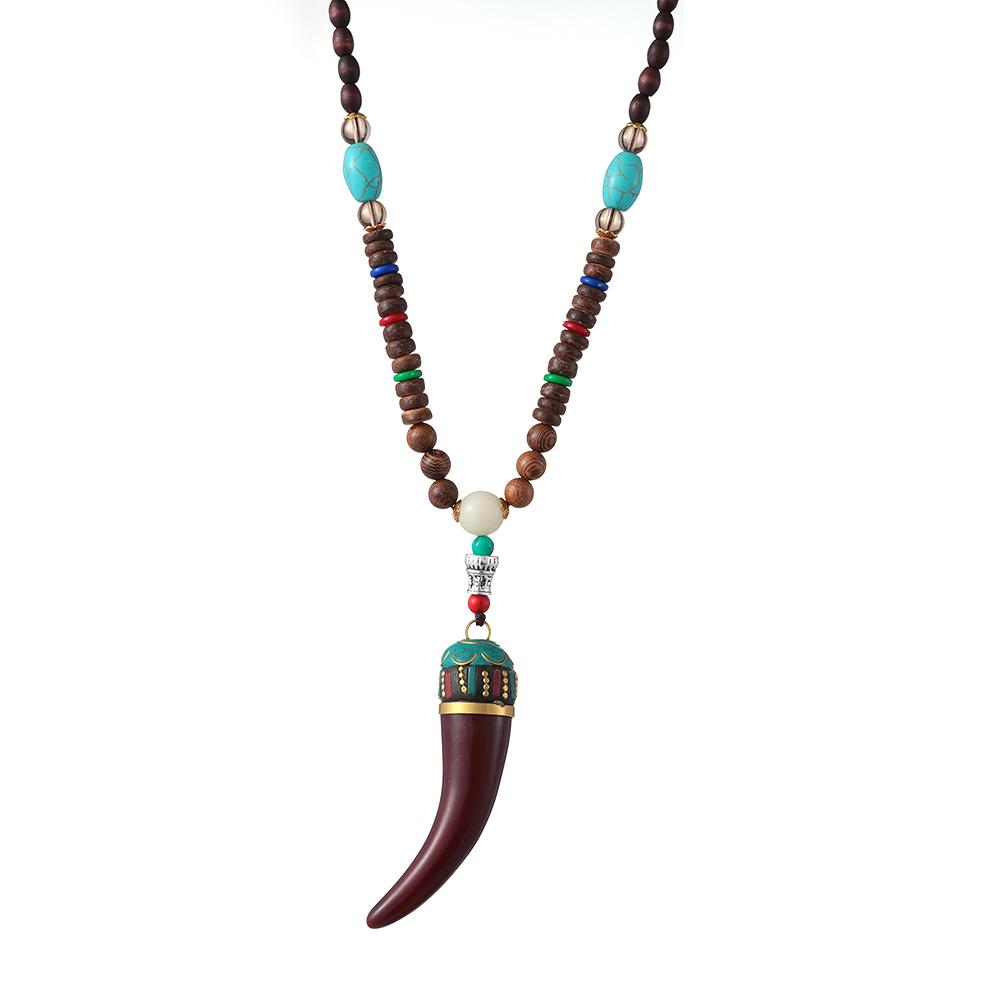 Boho Ethnic Jewelry Lucky Gift Party Mala Wood Bead Buddhist Horn Fish Pendant Nepal Necklace