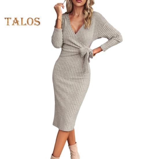 Women Spring Fall Dress Cross V Neck Lace-up Slim Fit Sheath Long Sleeves Knee Length Knitted Slim Fit Elastic Midi Dress Shopping Dating Dress