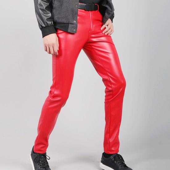 Мужские брюки из искусственной кожи средней посадки с гладкой застежкой-молнией на пуговицах