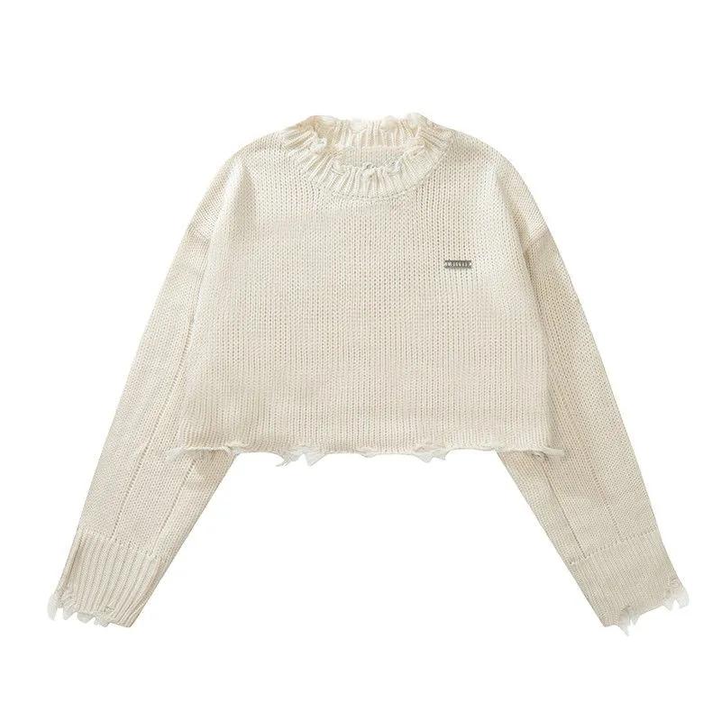 Cropped Knitted Pullovers Women Long Sleeve O-Neck Short Sweaters Girl's Solid Color Casual Irregular Jumpers Streetwear