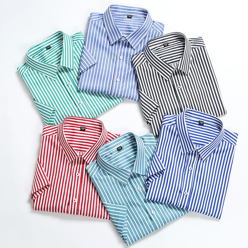 Short Sleeve Striped Men Stretch Work Shirt Non-Iron Summer Easy Care Male Tops Without Front Pocket