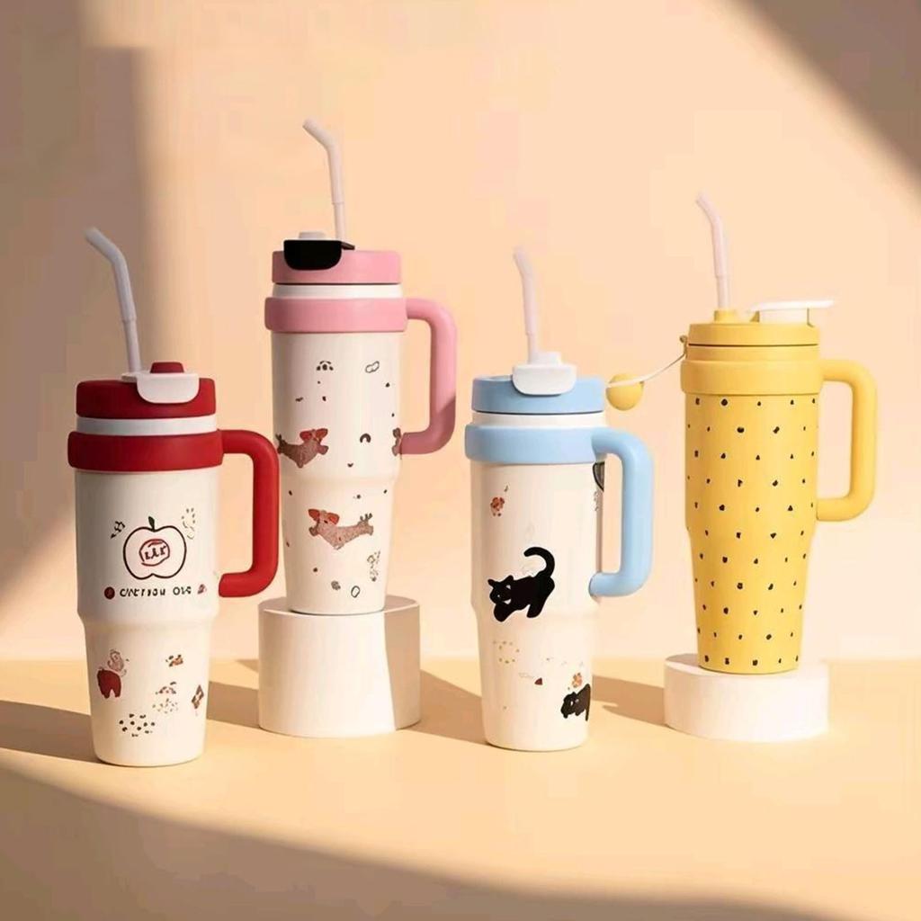 12 Hour Thermal Retention Stainless Steel Tumbler With Jumbo Straw Leak Proof Lid Ergonomic Handle For Outdoor Office Use