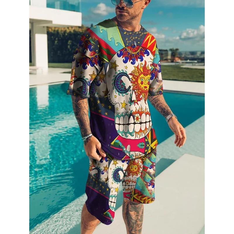 2025 Летний спортивный комплект из 2 предметов для мужчин, футболка с короткими рукавами и принтом в виде цветных блоков, шорты, комплект для бега, для улицы, для мужчин, светлый