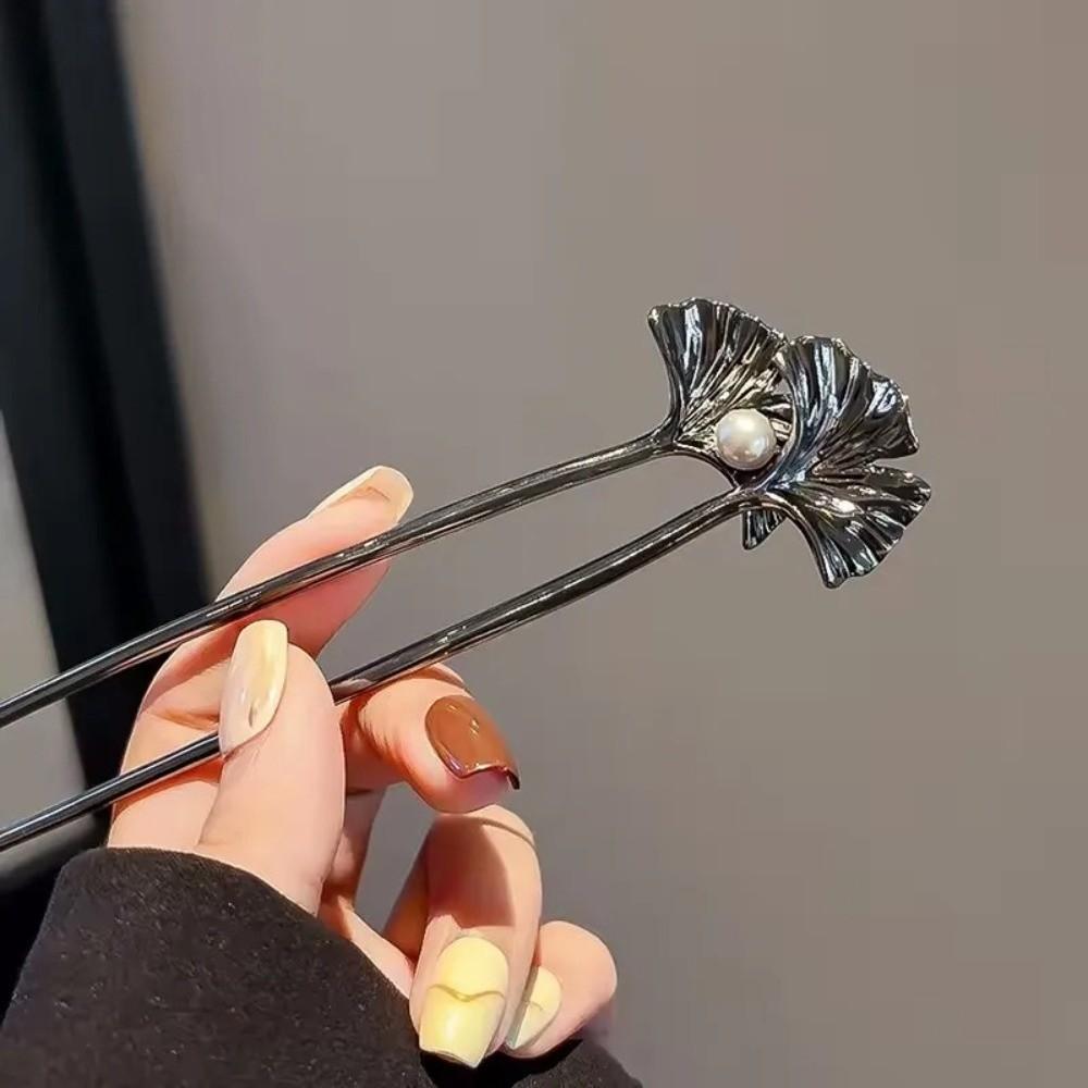 Ginkgo Biloba Pattern Hair Sticks U Shape Chinese Hairpin Vintage Ponytail Clip Women