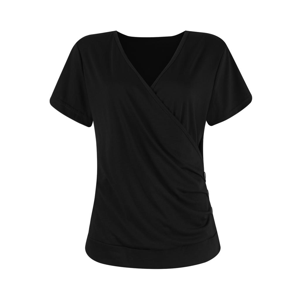 Women's  Short Sleeve T Shirts Deep V Neck Loose Casual Tee Tops For Women Solid Ruched Side Top