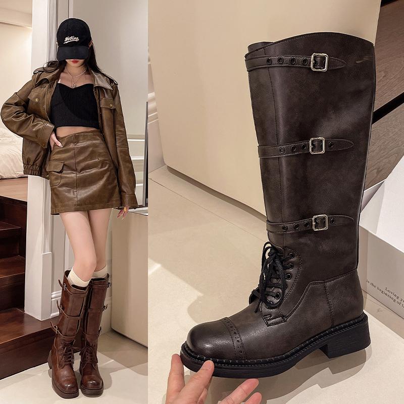 Fashion Brand New Winter Buckles Fashion Street Riding Boots Cool Chunky Heels Knee High Motorcycles Boot Shoes for Women
