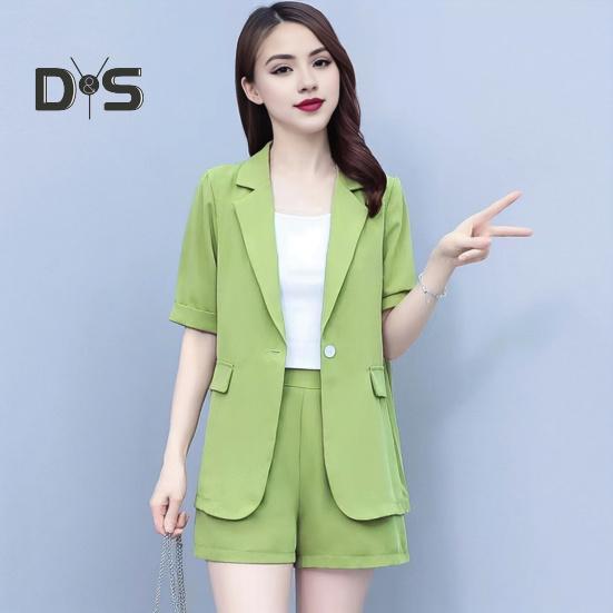 2 Piece Women Casual Outfit Lapel Short Sleeve Blazer Shorts Solid Color OL Style Single Button Blazer Shorts Set Elegant Office Suit