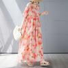 Summer new simple bohemian long dress fattened and enlarged short-sleeved crew neck printed dress women's clothing
