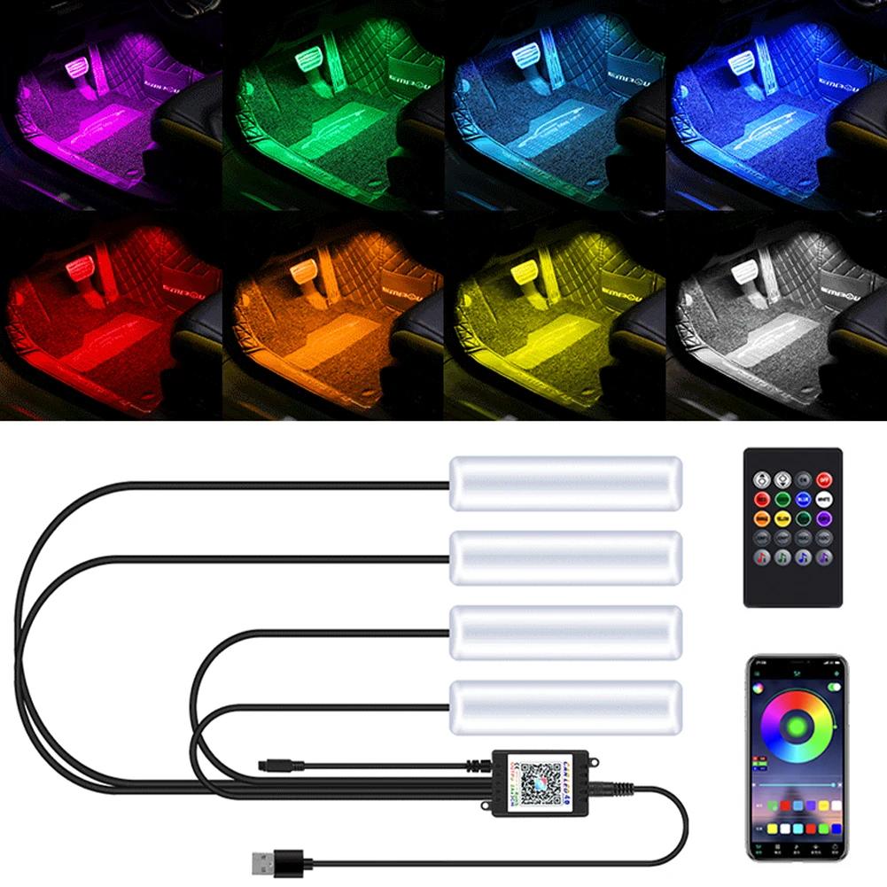 4 шт. светодиодная подсветка салона автомобиля, подсветка для ног, с USB-зажигалкой, декоративной лампой с дистанционным управлением через приложение