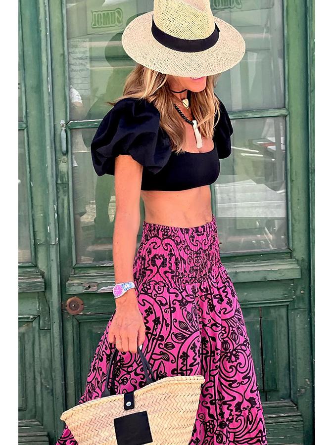 2023 Летнее Европейское и Американское Повседневное Женское Длинное Платье с Принтом и Эластичной Талией для Отпуска