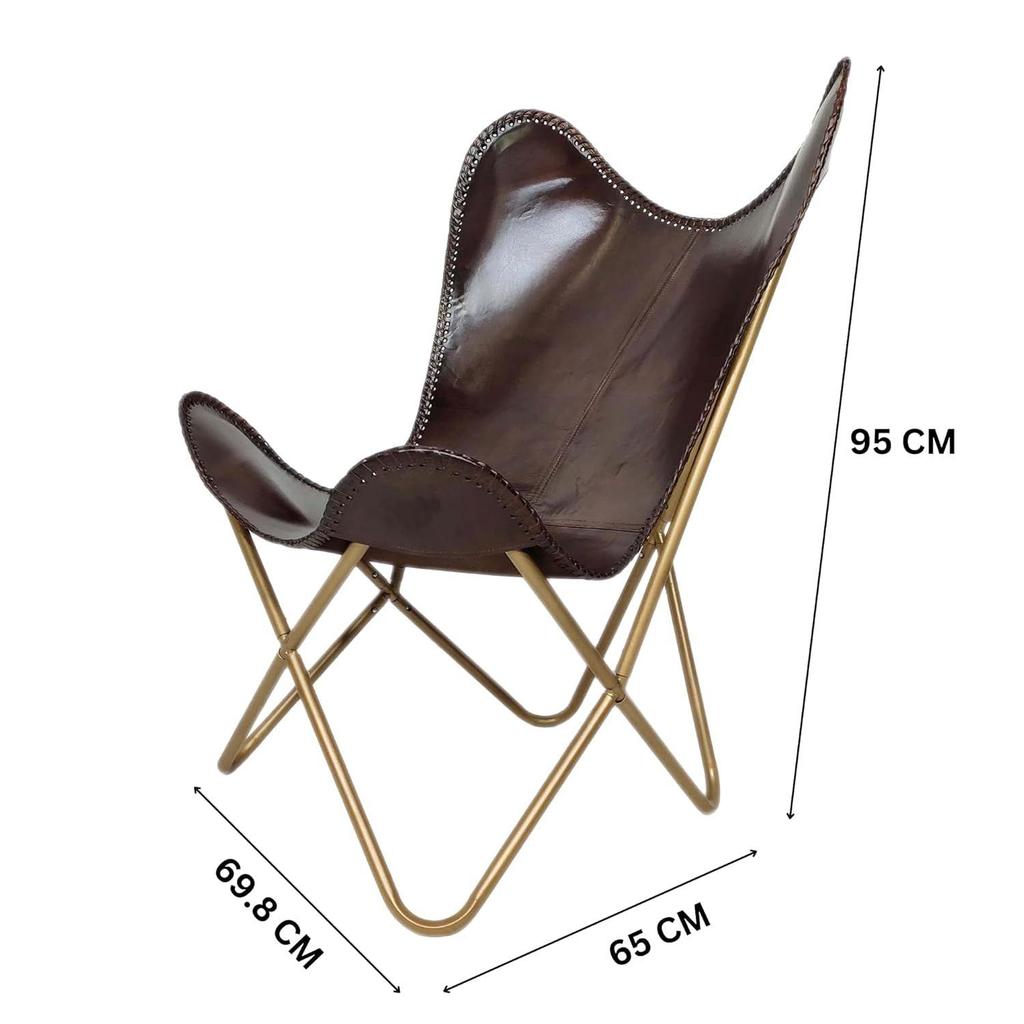 Home Decor Dark Brown Leather Butterfly Chair Folding Golden Stand-Leather Armchair for Living Room, Indoor/Outdoor, Office Chair