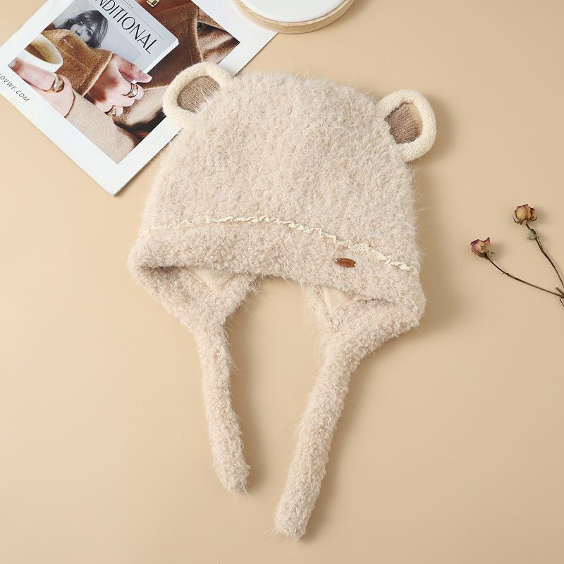 Sweet and Cute Lace Bear Ear Plush Hat Autumn and Winter Casual Versatile Big Head Flange Hat Cold Warm Hat