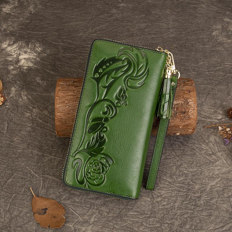Кошелек ручной работы для женщин, большой емкости, первый слой из коровьей кожи, тисненый кошелек для монет, сумка для удостоверения личности с несколькими карточками