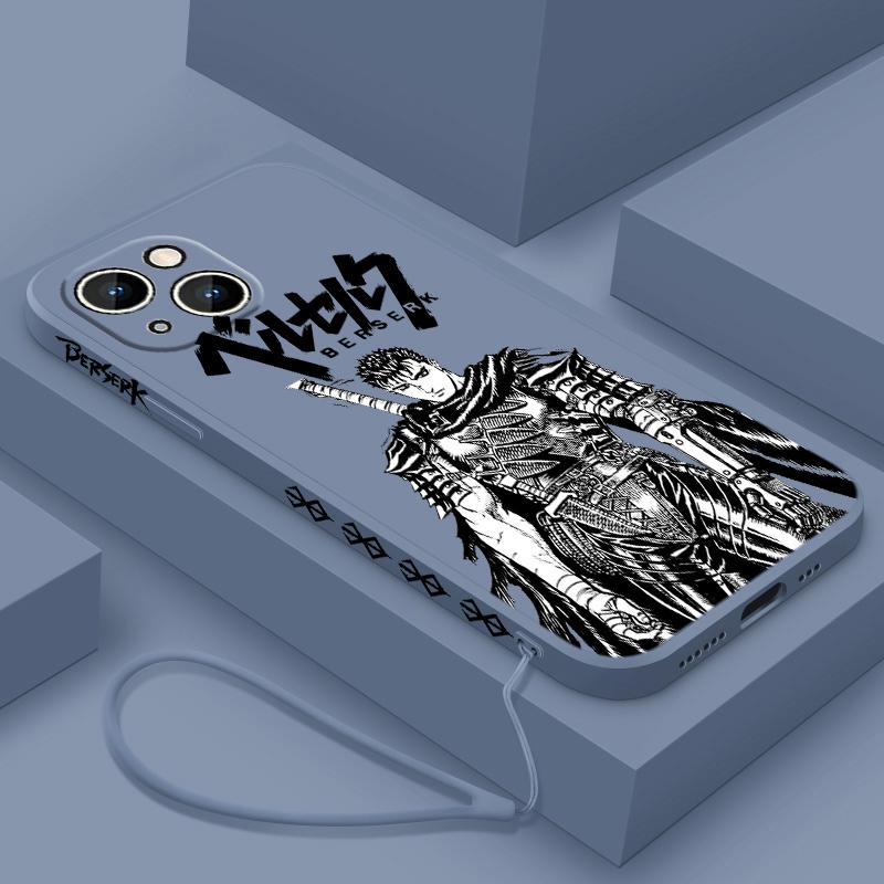 Berserk Anime Cute For Apple iPhone 15 14 13 12 11 XS XR X 8 7 Pro Max Plus Mini Liquid Left Rope Phone Case