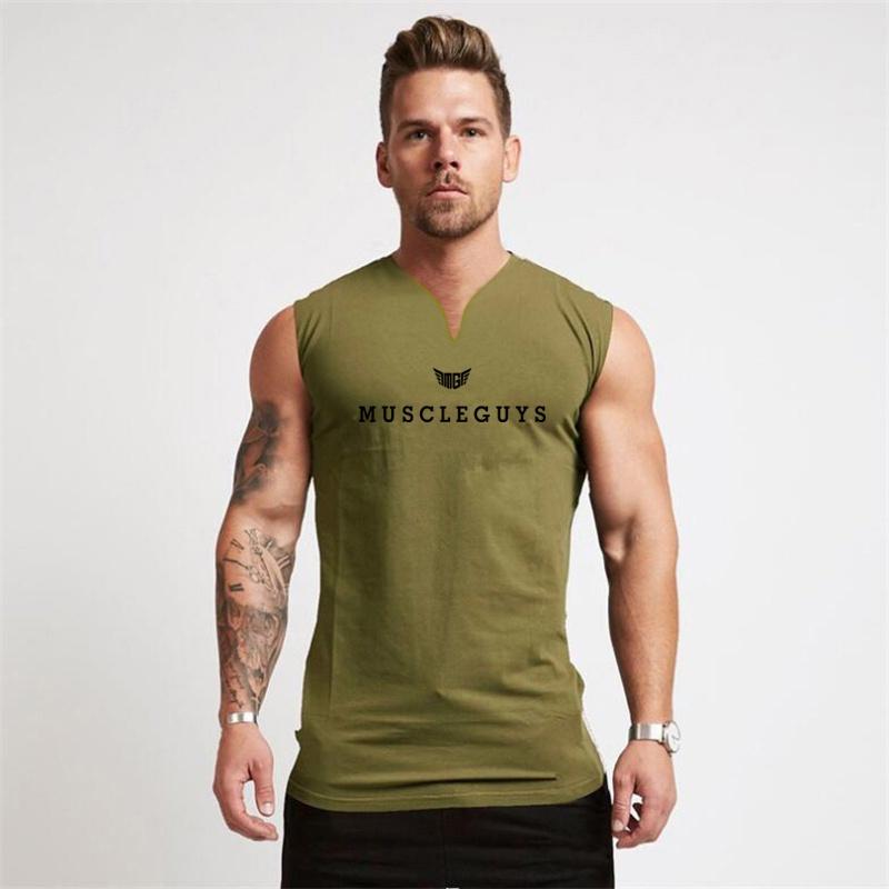 Gym T-shirt Men's Cotton V-neck Fitness Workout Tight Sleeveless T-shirt Men's Bodybuilding Sports T-shirt Top Summer Clothing