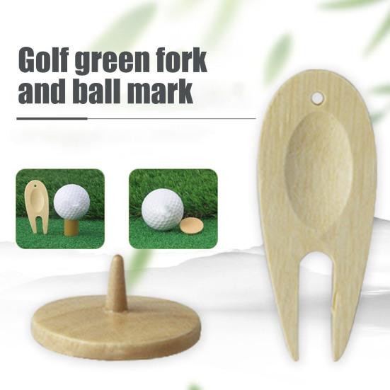 Golf Divot Tool Green Bamboo Fork Golf Alignment Ball Marker Golfing Divot Fixer Tool Wood Golf Accessories for Men
