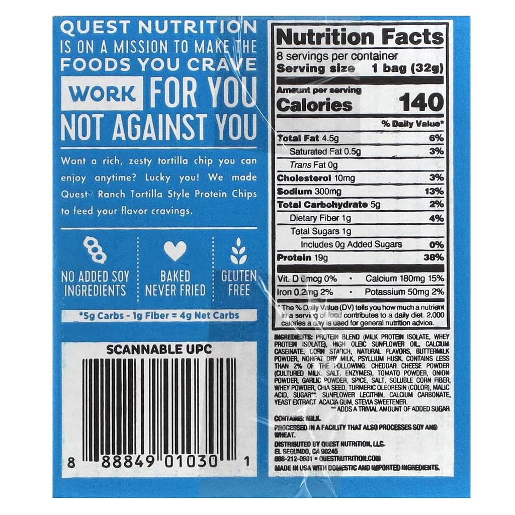 Quest Nutrition Tortilla Protein Chips, Ranch, 8 Packets, 1.1 Oz (32 G) Each
