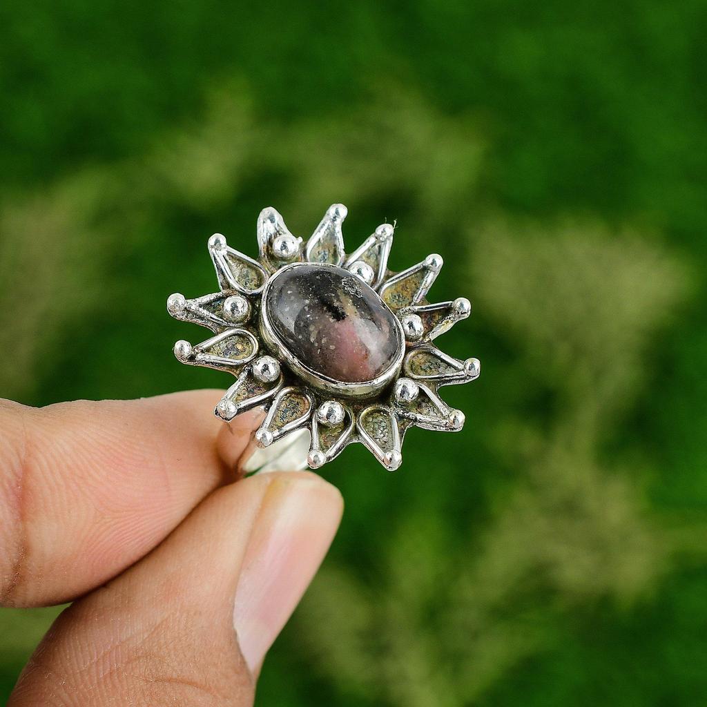 Sterling Silver Rhodonite Stone Engagement Boho Promise Flower Handcrafted Ring