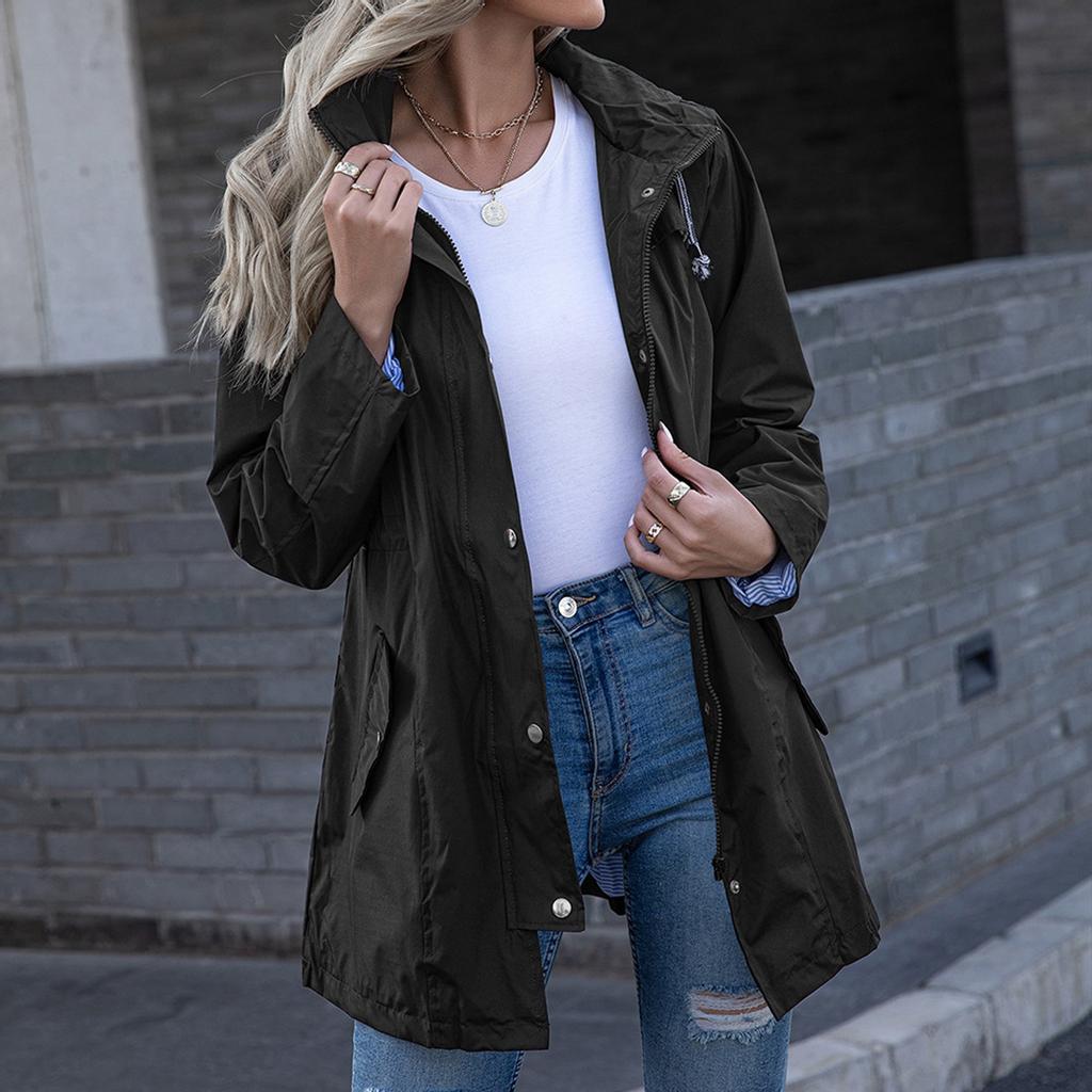 Women Hooded Waterproof Zipper Mid-length Windproof Waterproof Raincoat Jacket