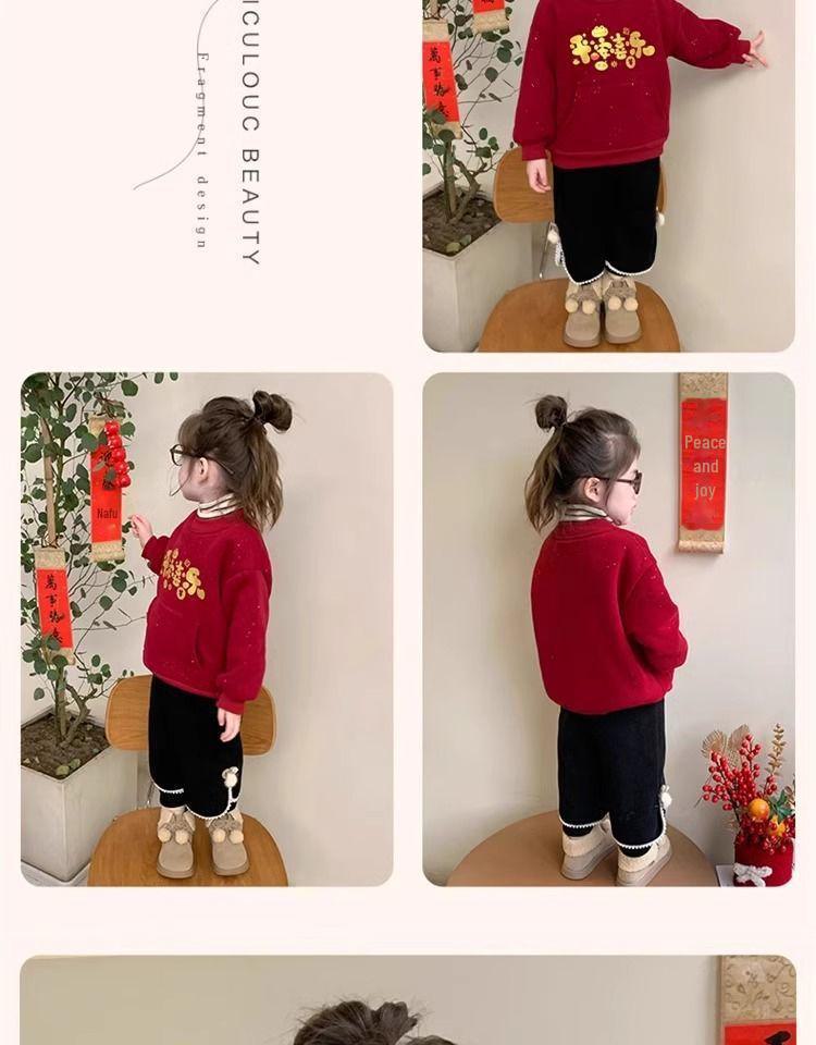 Повседневный свитшот для девочек в корейском стиле с бархатом, мода на осень/зиму, для маленьких и средних детей, новогодний дизайн.