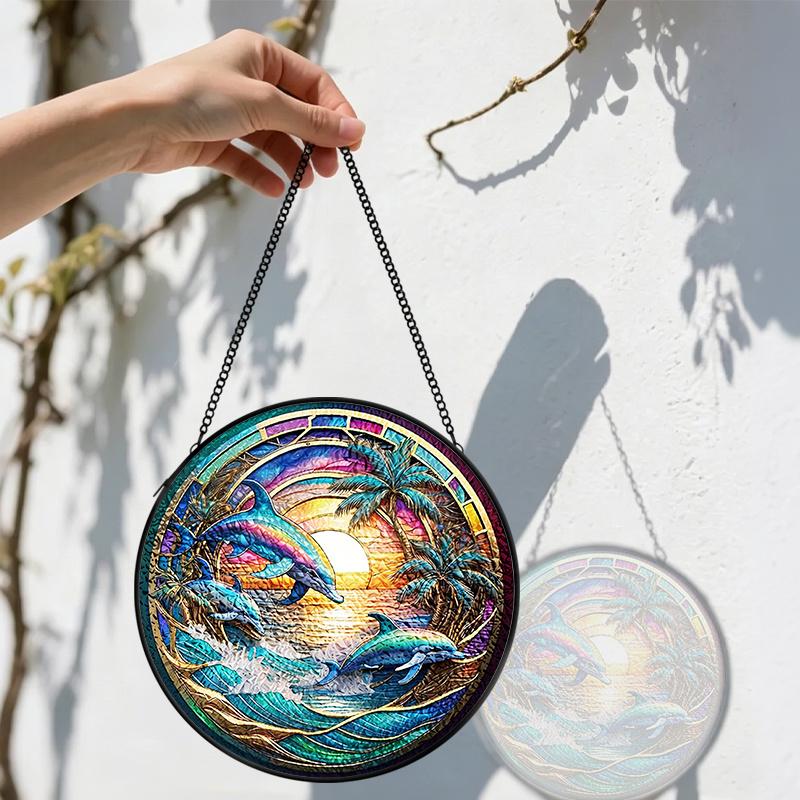 2D Flat Stained Glass Ocean Dolphin Window Decoration, 6.3/7.87inches Blue Colored Glass Plate with Chain, Charming Indoor/Outdoor Sun Catcher Home