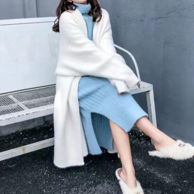 Autumn and Winter New Imitation Mink Turtleneck Pullover Fashion Temperament Knitted Bottoming Skirt Long Split Dress Women