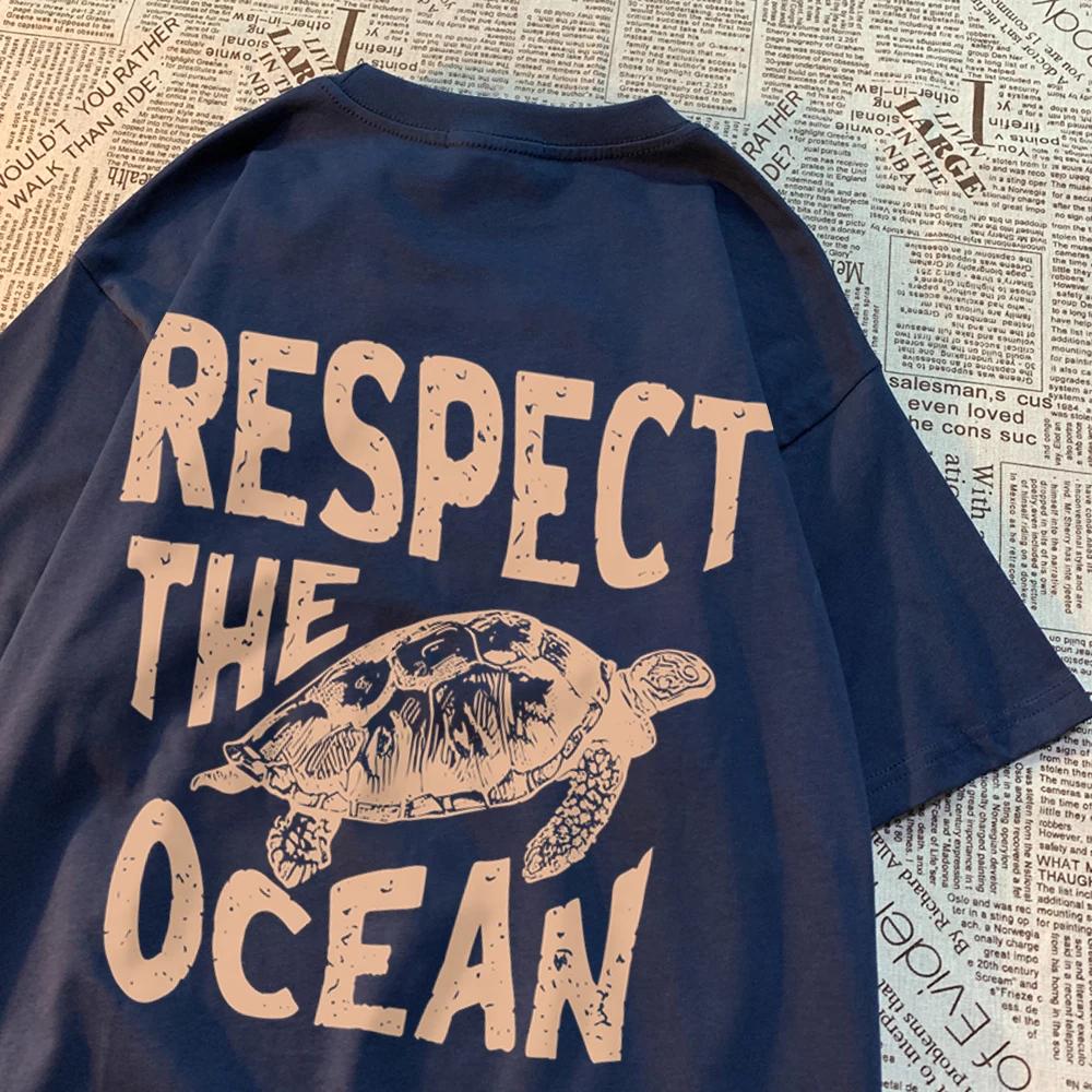 Футболка Respect The Ocean Green Turtle для мужчин, свободная одежда, дышащая футболка с коротким рукавом в стиле хип-хоп, летняя хлопковая футболка Harajuku
