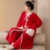 Chinese Style Pajama Set Red New Year's Nightgown Nightwear Coral Fleece Sleepwear Women's Robes Warm Thickened Flannel Homewear