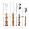 2/4/6Set Bamboo Handle Tableware Set Stainless Steel Flatware Fork Steak Knife Spoon Silverware Set Dinnerware Home Cutlery Set
