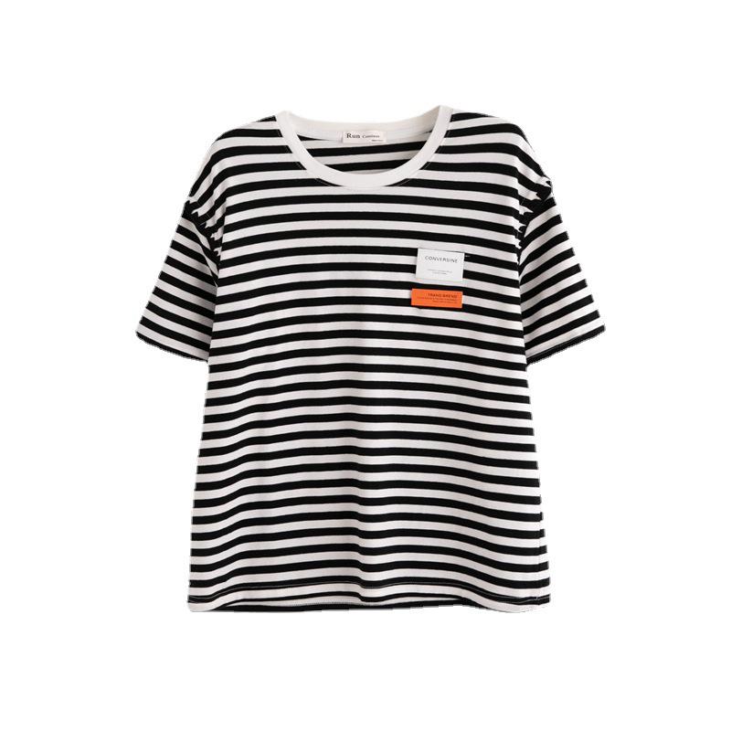 Женская полосатая хлопковая контрастная футболка в корейском стиле, свободный крой, размер плюс, лето 2025 г., модный круглый вырез