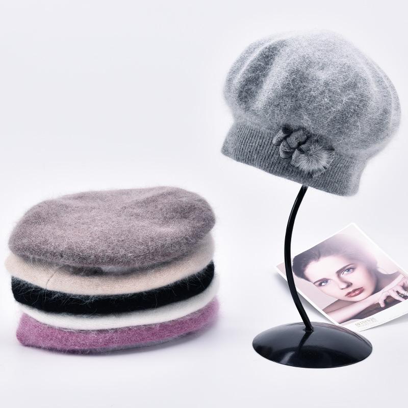 SOMALER Cashmere Winter Beret Hats for Women Knitted Middle-aged Lady Caps Bowknot Decoration On Side