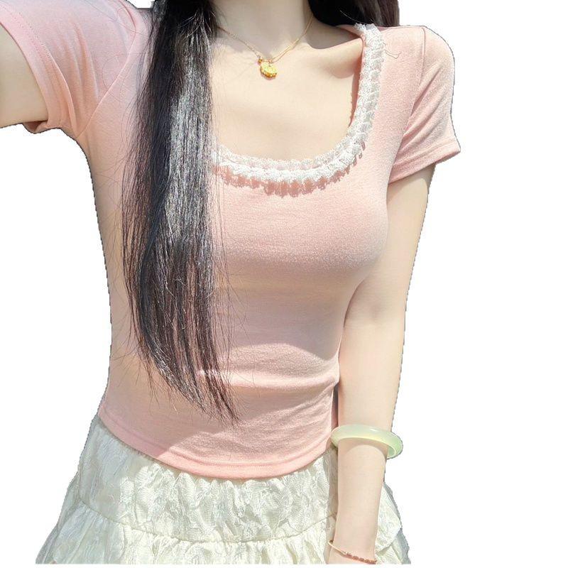 Лето 2025 Топ-балетка с квадратным вырезом, кружевной вышивкой, из чистого хлопка для женщин