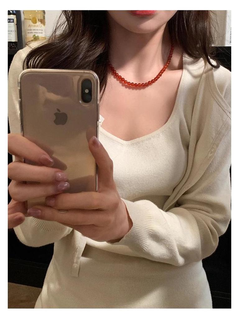 Женское колье из стерлингового серебра 925 пробы с красным агатом - Бусы-цепочка для свитера на китайский Новый год и Рождество