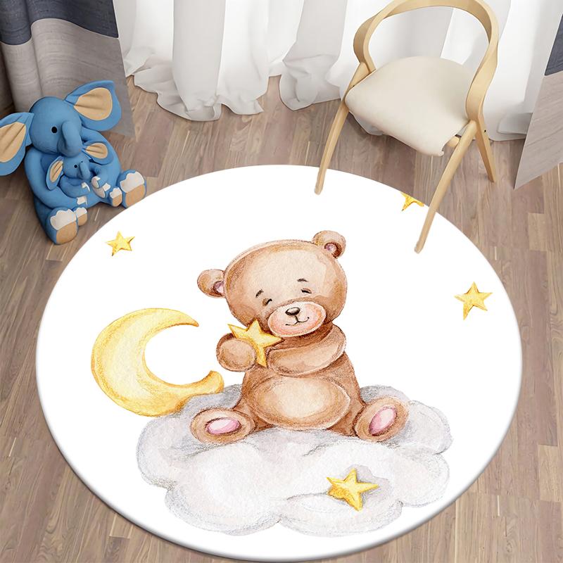 Living Room Round Carpet Floor Mat Kids Anti-Slip Mat Cartoon Bear Print Kids Carpet Kawaii Area Rug