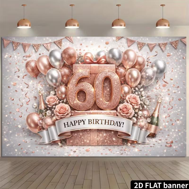 2D Rose Gold 60th Birthday Backdrop with Flowers & Gift Box Party Banner