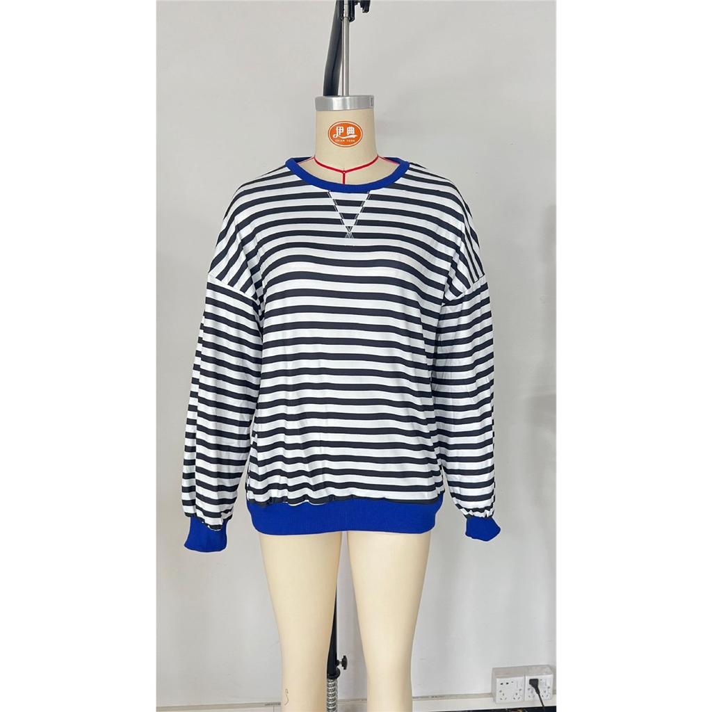 Женская повседневная футболка с круглым вырезом и длинным рукавом в полоску